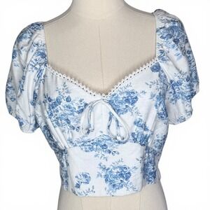 Monteau Los Angeles Blue Floral Toile Puff Sleeve Lace Trim Smocked Crop Top L